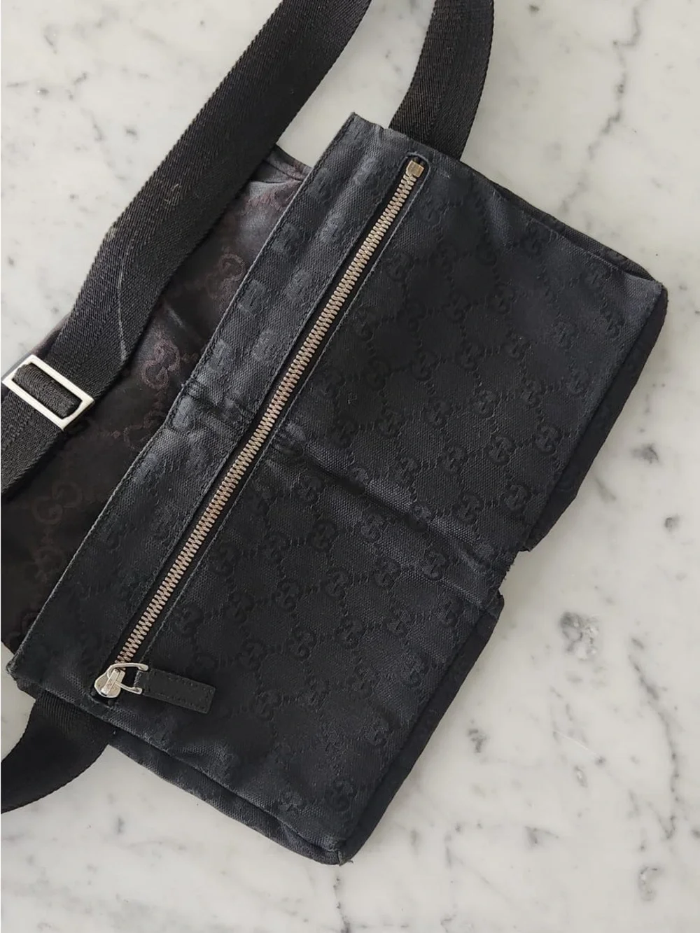 Gucci Black Monogram Belt Bag with Front Zip Pocket
